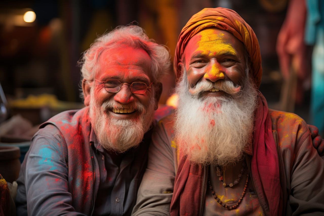 Senior couple in traditional holi powders, holi festival image download