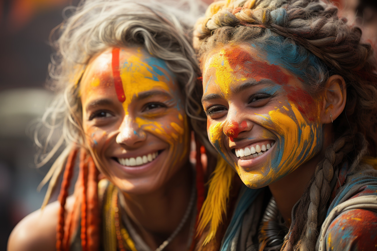 Grinning women embrace festive artistry, holi festival image download