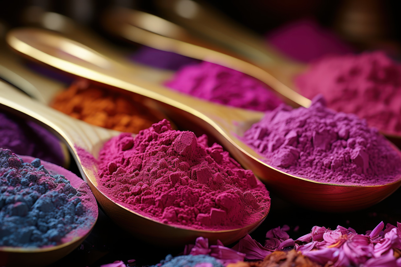 Assorted powders in display spoons, holi festival images hd