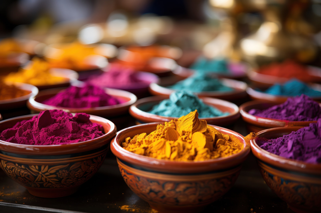 Holi vibrant colors in a bowl, holi festival image download
