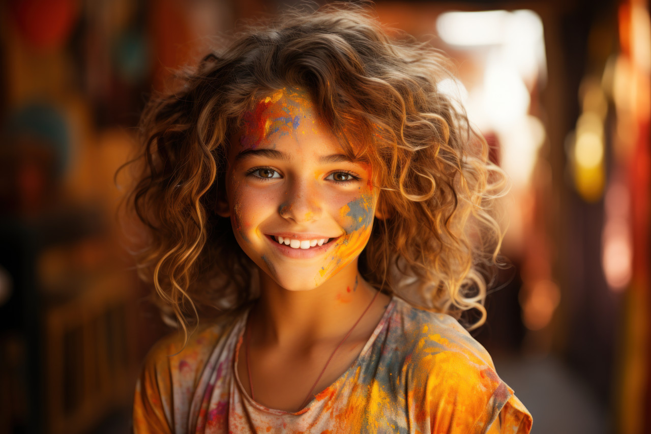 Young girl radiates joy with holi paint, holi festival images hd