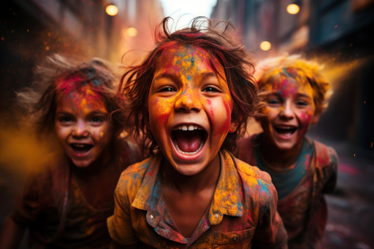 Children covered in colorful joy, holi festival images hd
