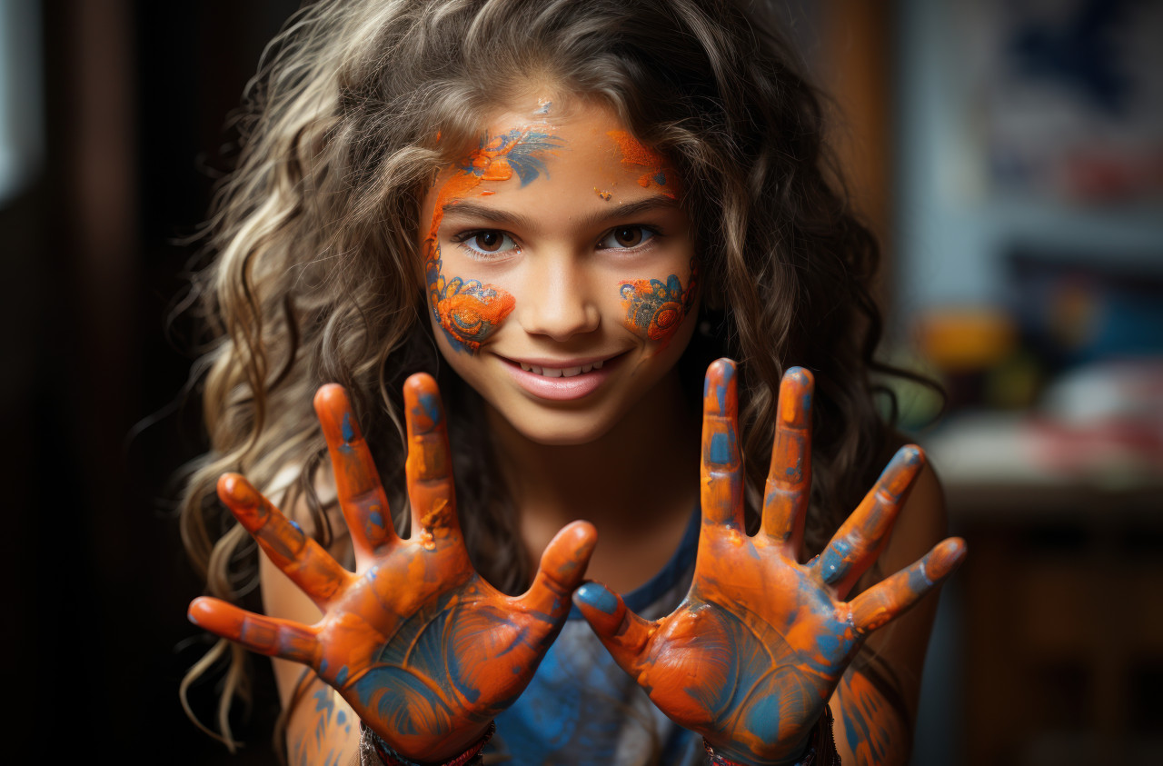 Young girl creates with vibrant hand paints, holi festival images hd