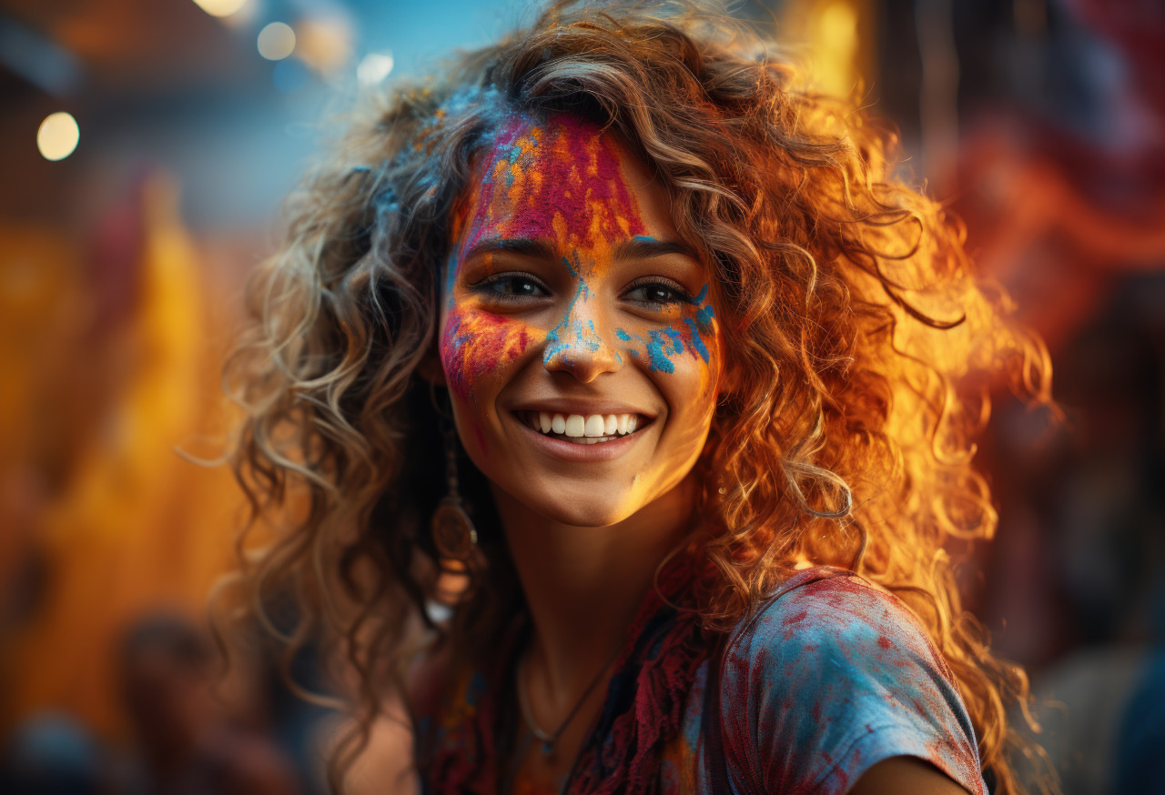 Woman takes selfie with holi painted face, holi festival images hd