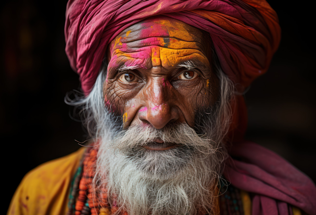 Vibrant rajasthan man in colorful turban for holi, holi festival images hd