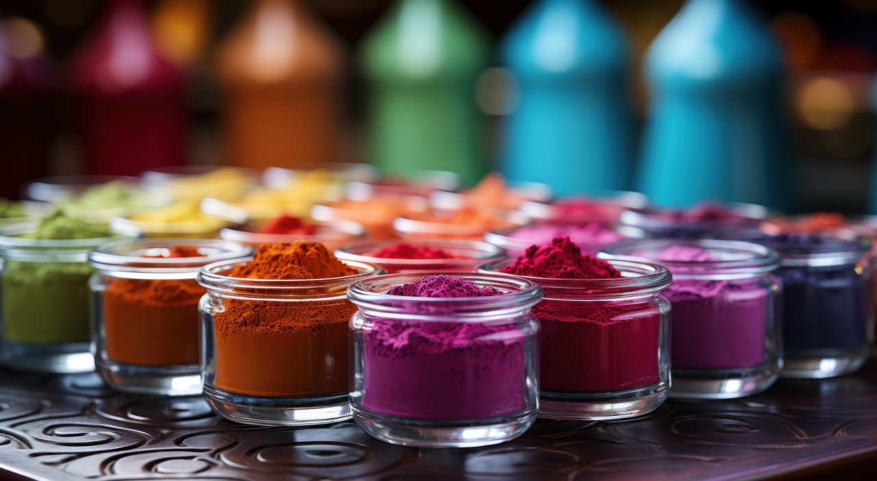 Colorful powder cup on multicolored surface, holi festival images hd