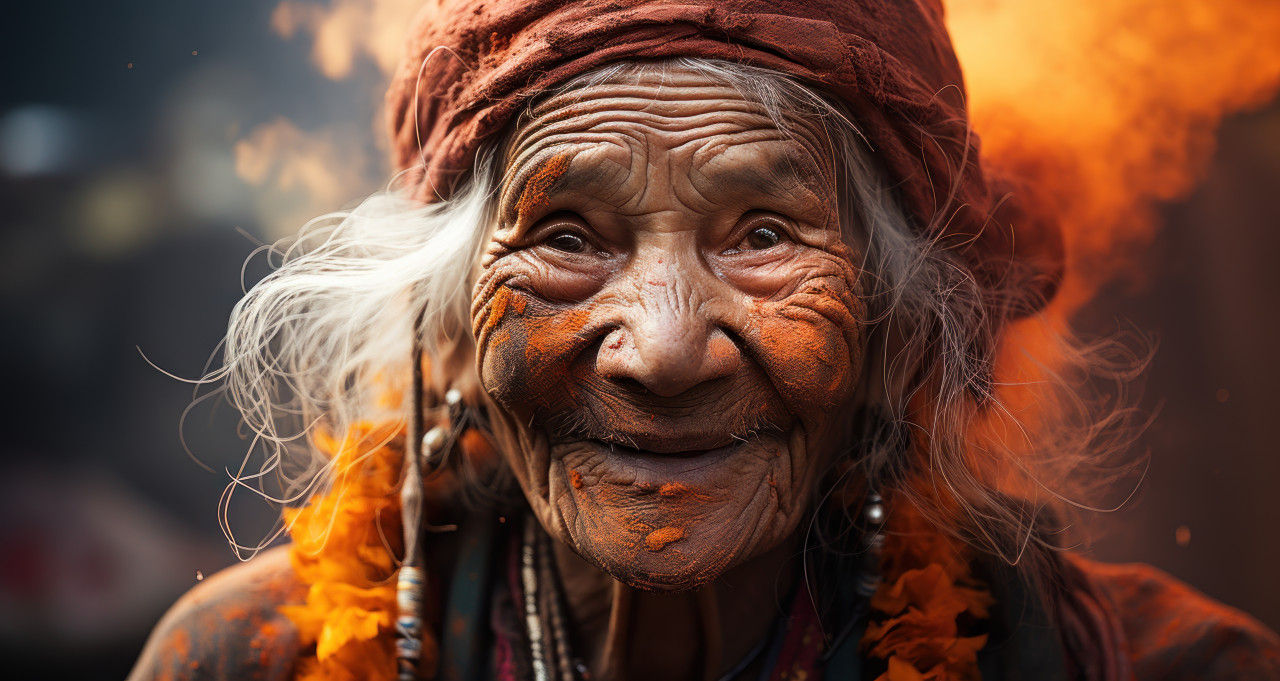 Old woman decorated with vibrant color powder, holi festival images hd
