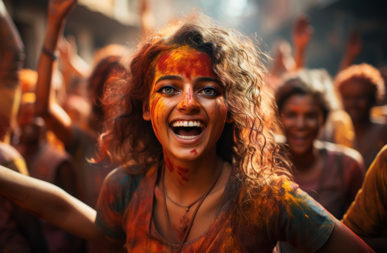 Street festivity smiling women adorned in holi paint, holi festival images hd