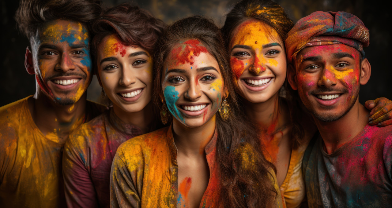 Group of friends painted in vibrant colors, holi festival images hd