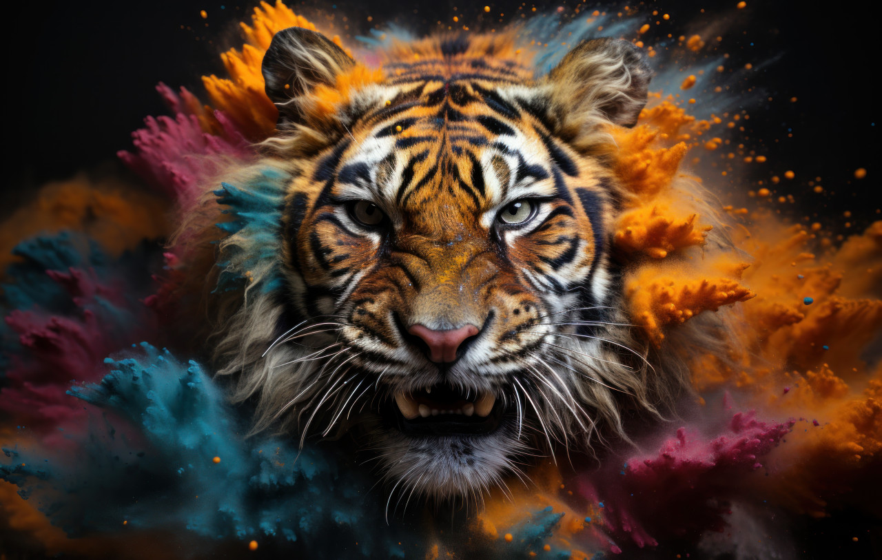 Tiger amidst vibrant powders on dark canvas, holi festival images hd