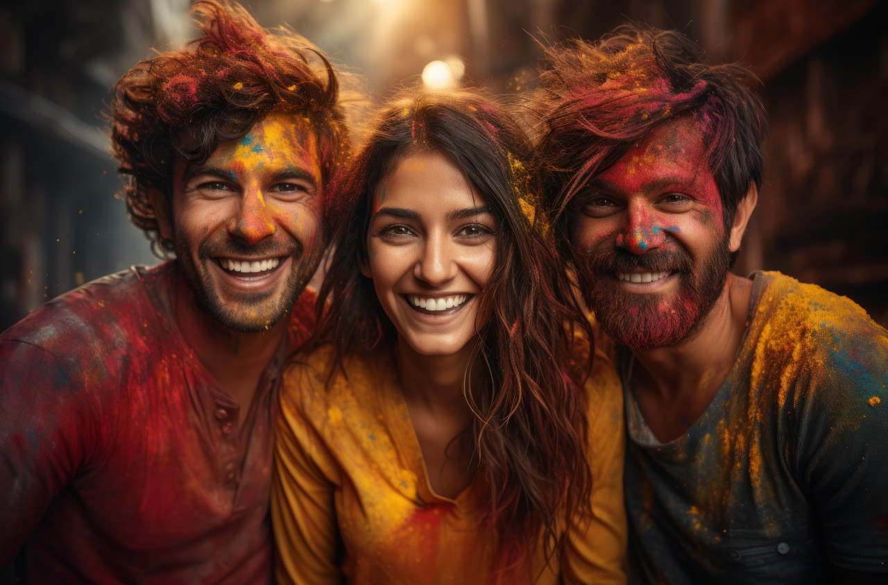 Friends embracing holi with radiant smiles, holi festival images hd