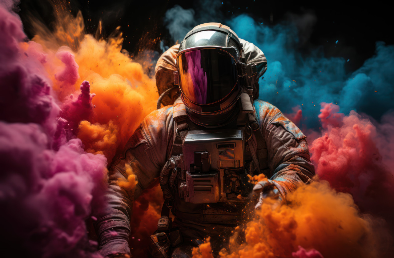Astronaut surrounded by colorful powder, holi festival images hd