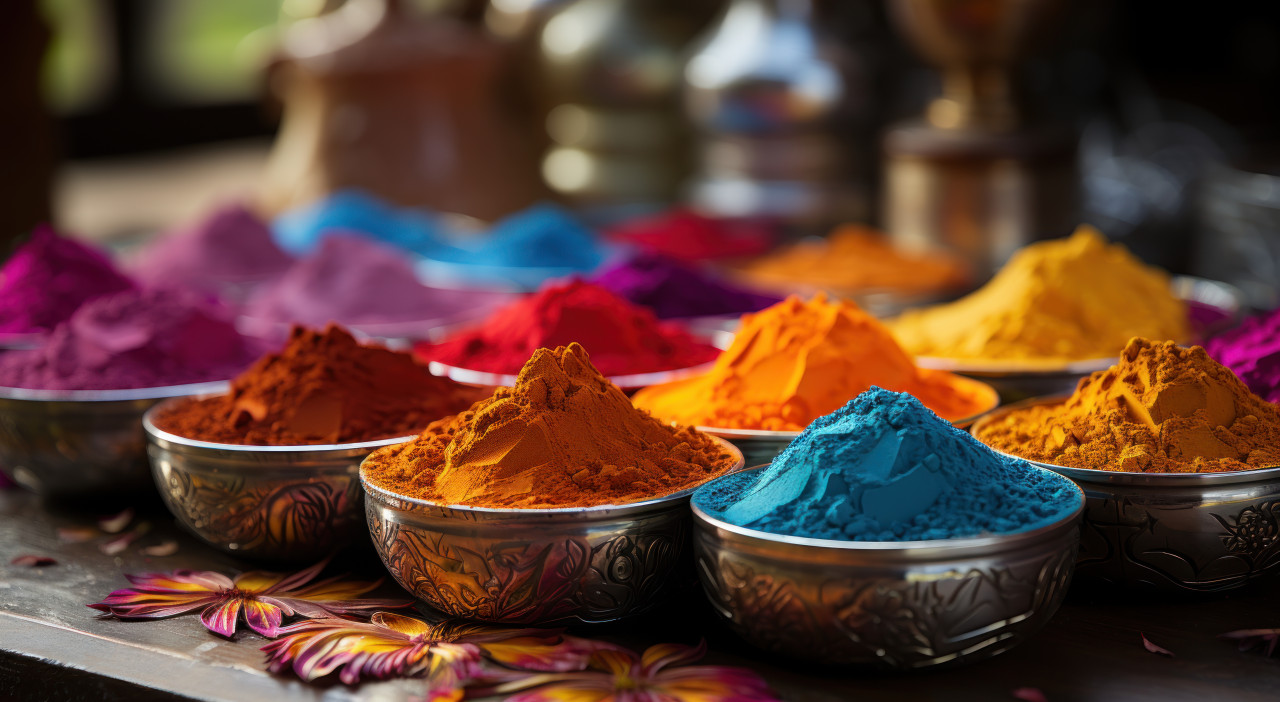 Colorful powders spread on the table, holi festival images hd