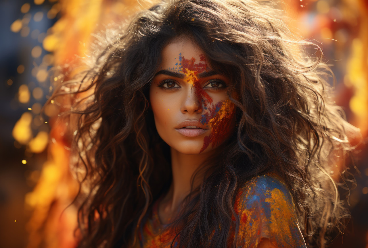 Vibrant holi woman with painted face embracing festive greetings, holi festival images hd