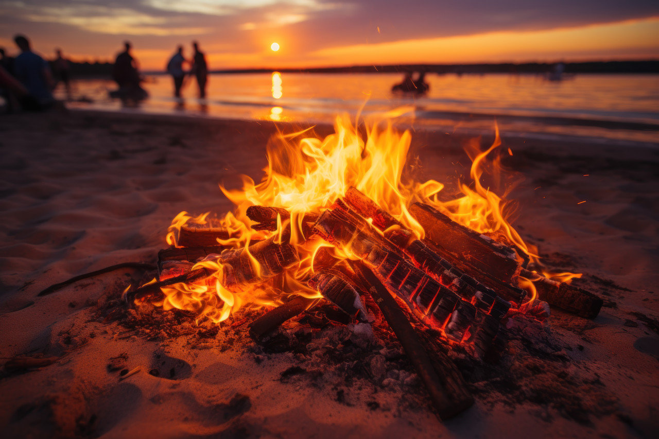 Sunset beach bonfire amid evening glow, beautiful sunrise image