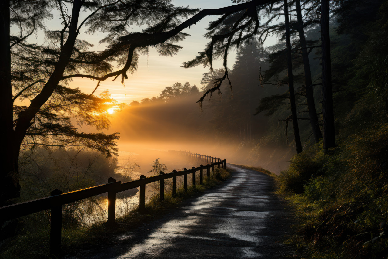 Tranquil forest boardwalk amid morning, beautiful sunrise image