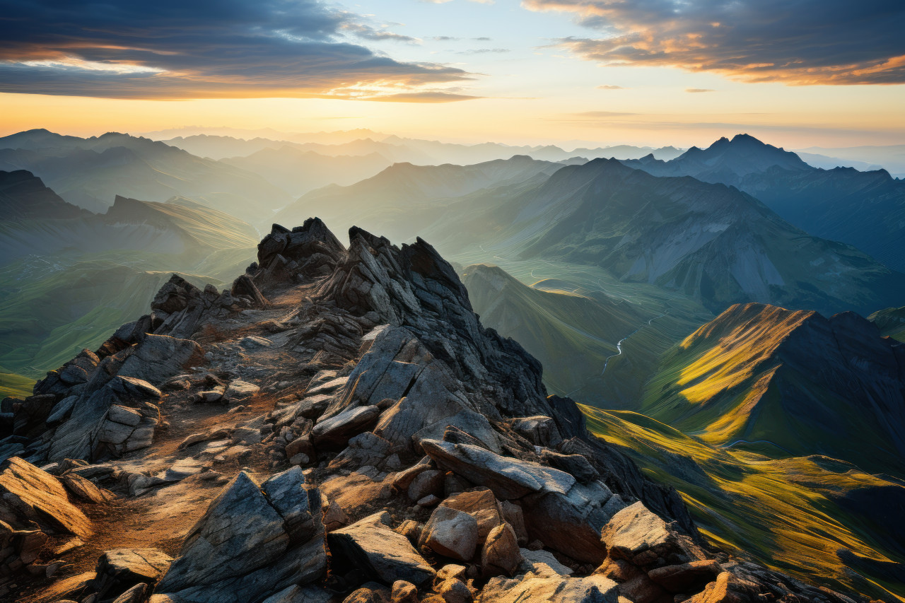 Golden glow sunrise splendor at the majestic mountain summit, sunrise landscape image