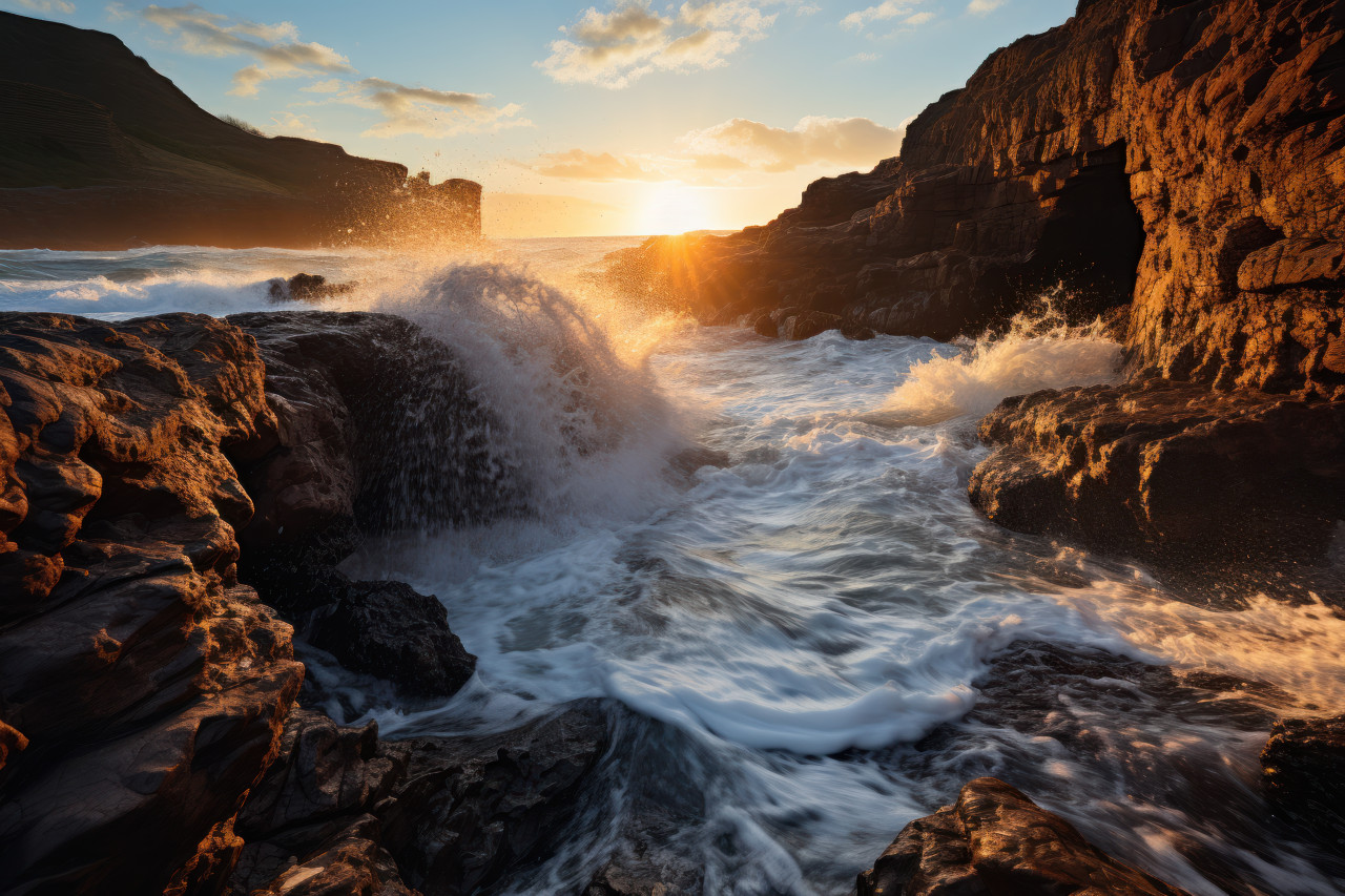 Sunrise overture coastal waves in harmonious clash, beautiful sunrise image
