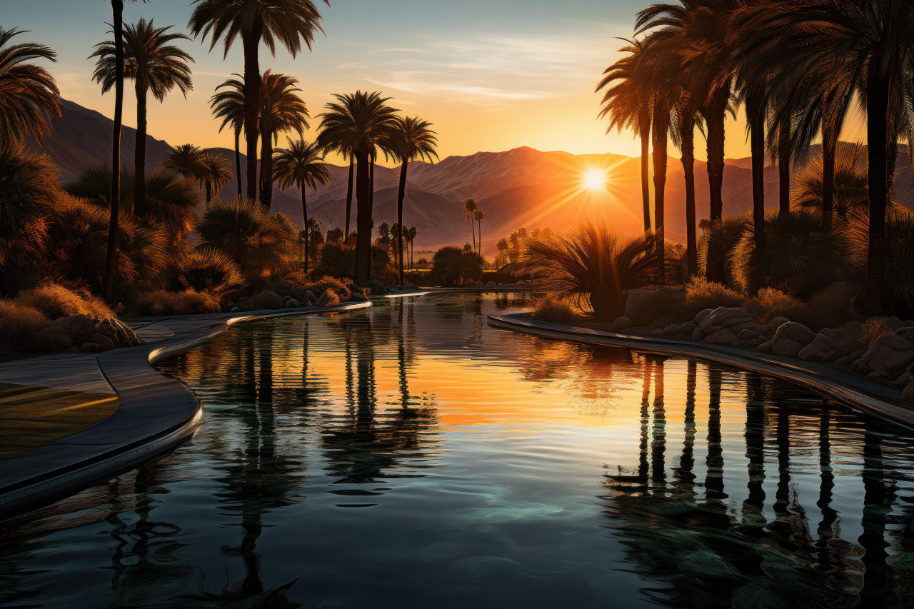 Sunset glow and mirrored palms, beautiful sunrise image