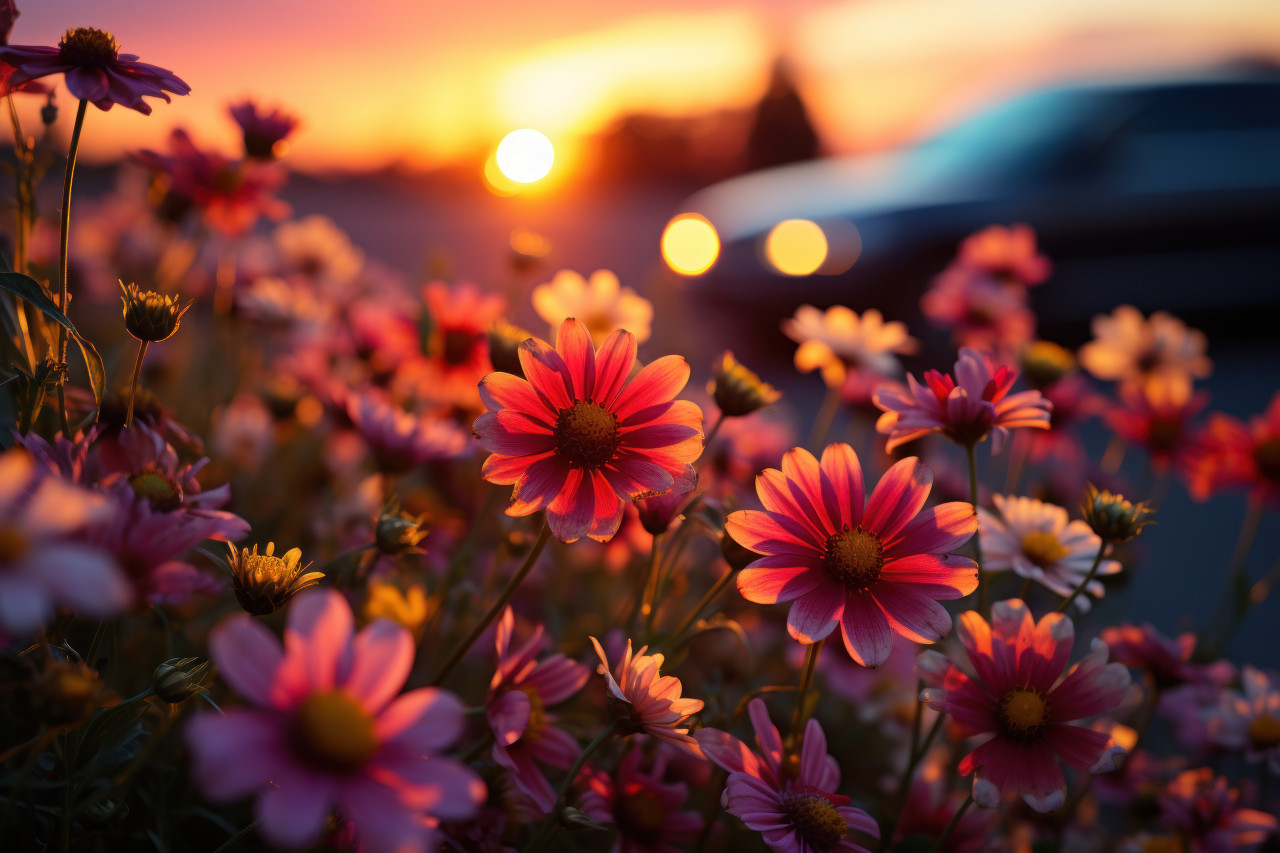 Floral sunset serenade nature palette in evening light, beautiful sunrise image