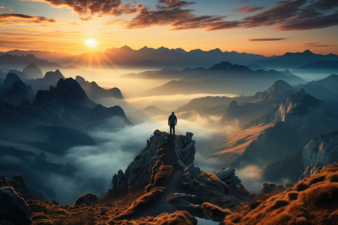 Hiker perspective on mountain edge, mountain peak, environment, vista, mountain scenery, hd, mountain vista, landscape, sunrise, hyperrealistic, scenic, outdoors, summit, hiker, mountain ridge, mountain edge, ascent, horizon, hiker perspective, cloudscape, hiking, cloud blanket, serenity, sunrise perspective, sunrise view, hiking adventure, serene sunrise, tranquil, summit view, nature, mountain sunrise