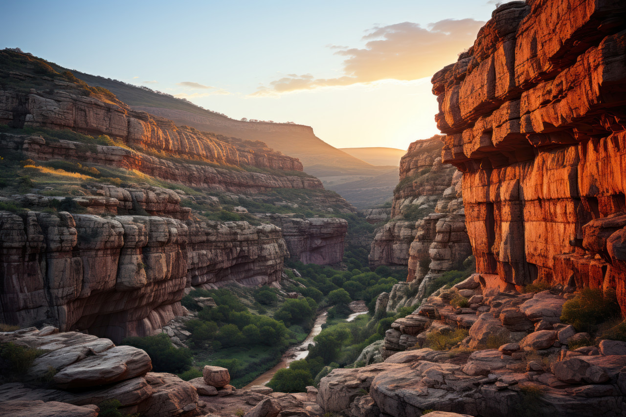Canyon sunset illuminating the rocky landscape, beautiful sunrise image