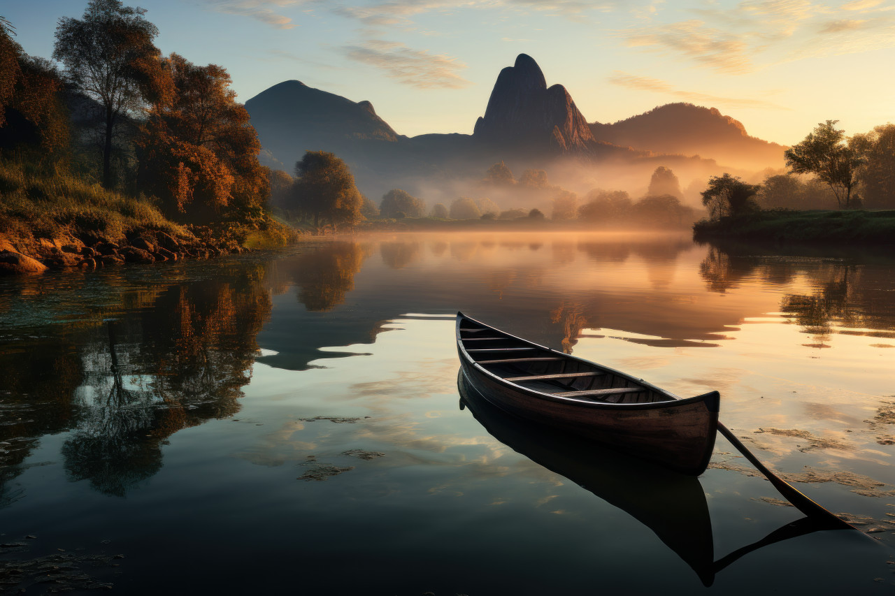Lone canoe adrift on sunrise waters, beautiful sunrise image