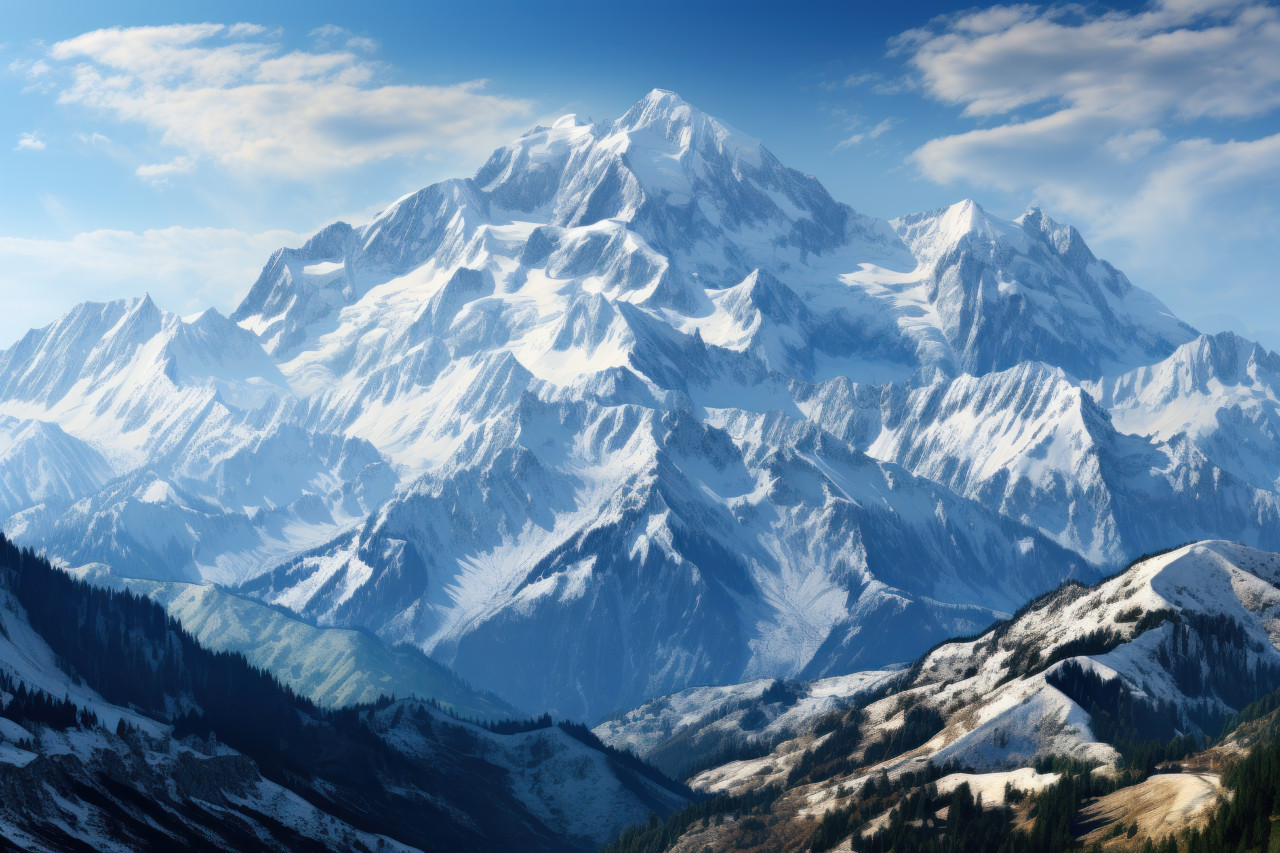 Sunrise casting hues on snowy mountains, beautiful sunrise image