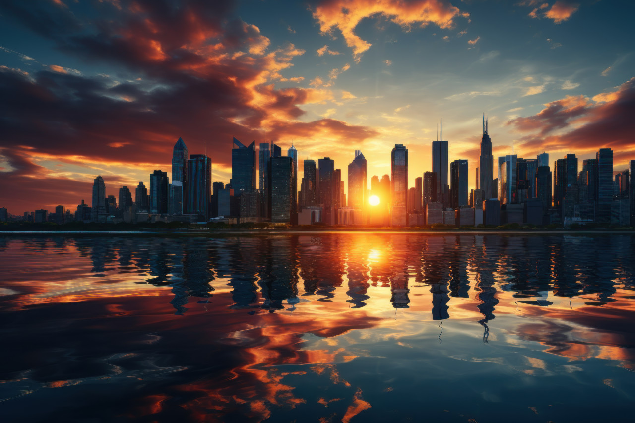 Cityscape sunrise greeting the wakening city, beautiful sunrise image