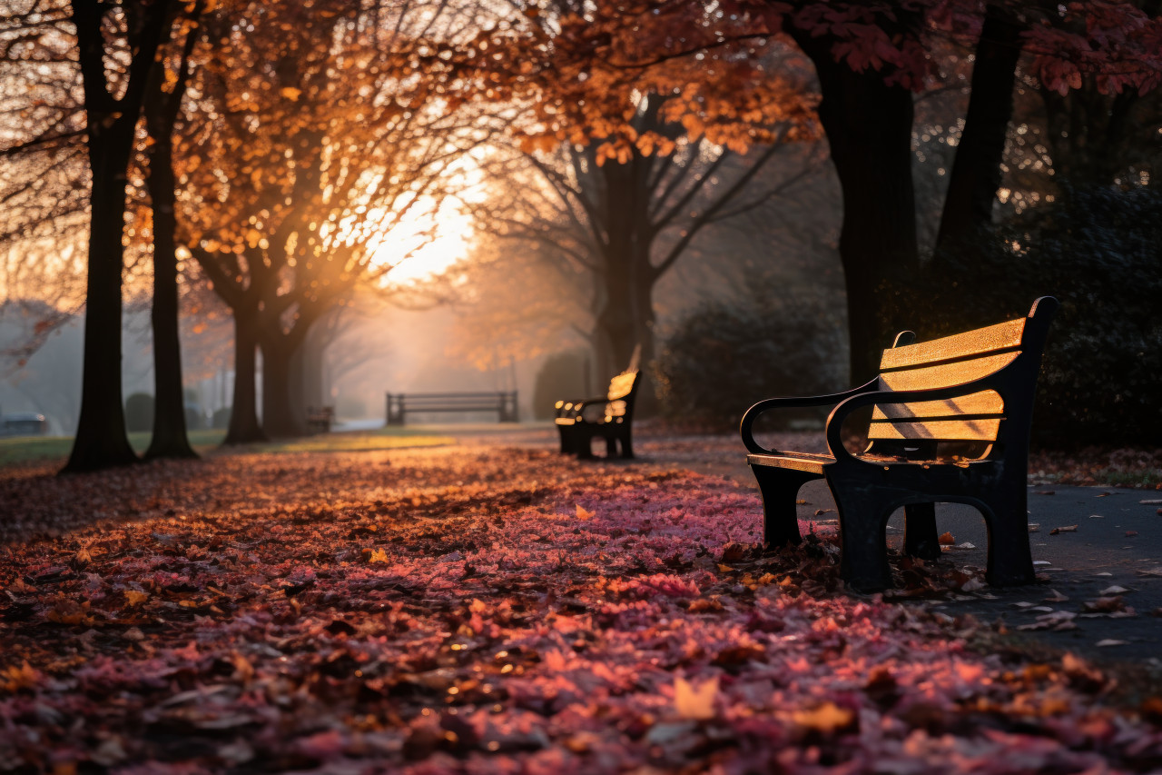 Park scene embraced by autumn light, beautiful sunrise image
