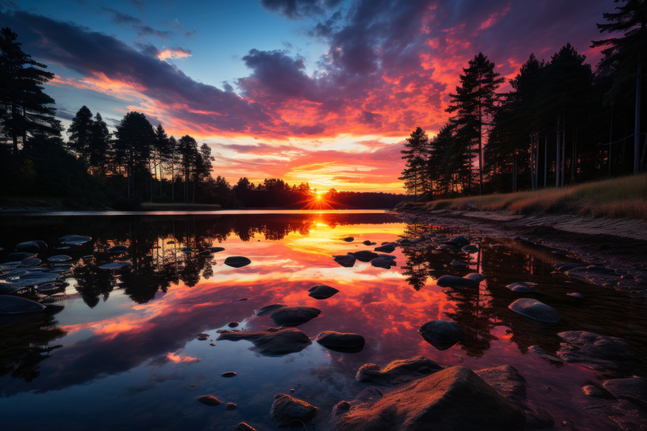 Sunset reflections in lake calm, beautiful sunrise image