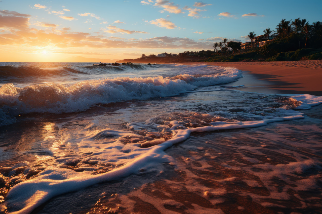 Beachside sunrise calm waves in early morning light, beautiful sunrise image