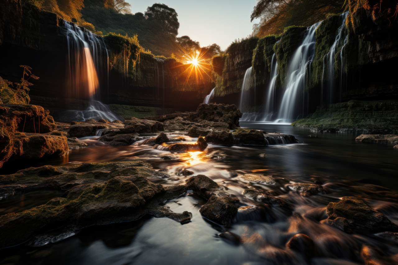 Golden fall sunrise illuminating the cascading waters, beautiful sunrise image