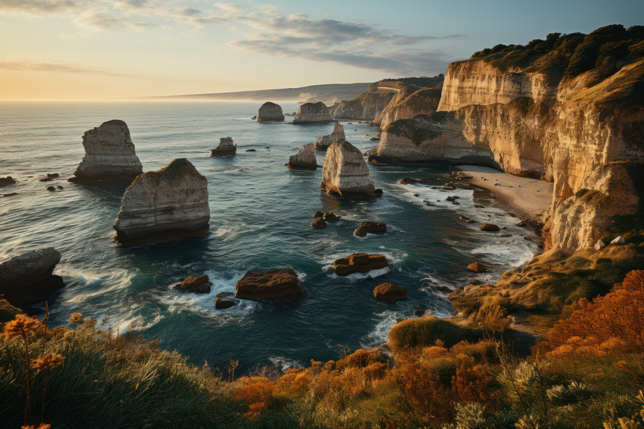 Cliffside embrace sunset palette on ocean expanse, beautiful sunrise image