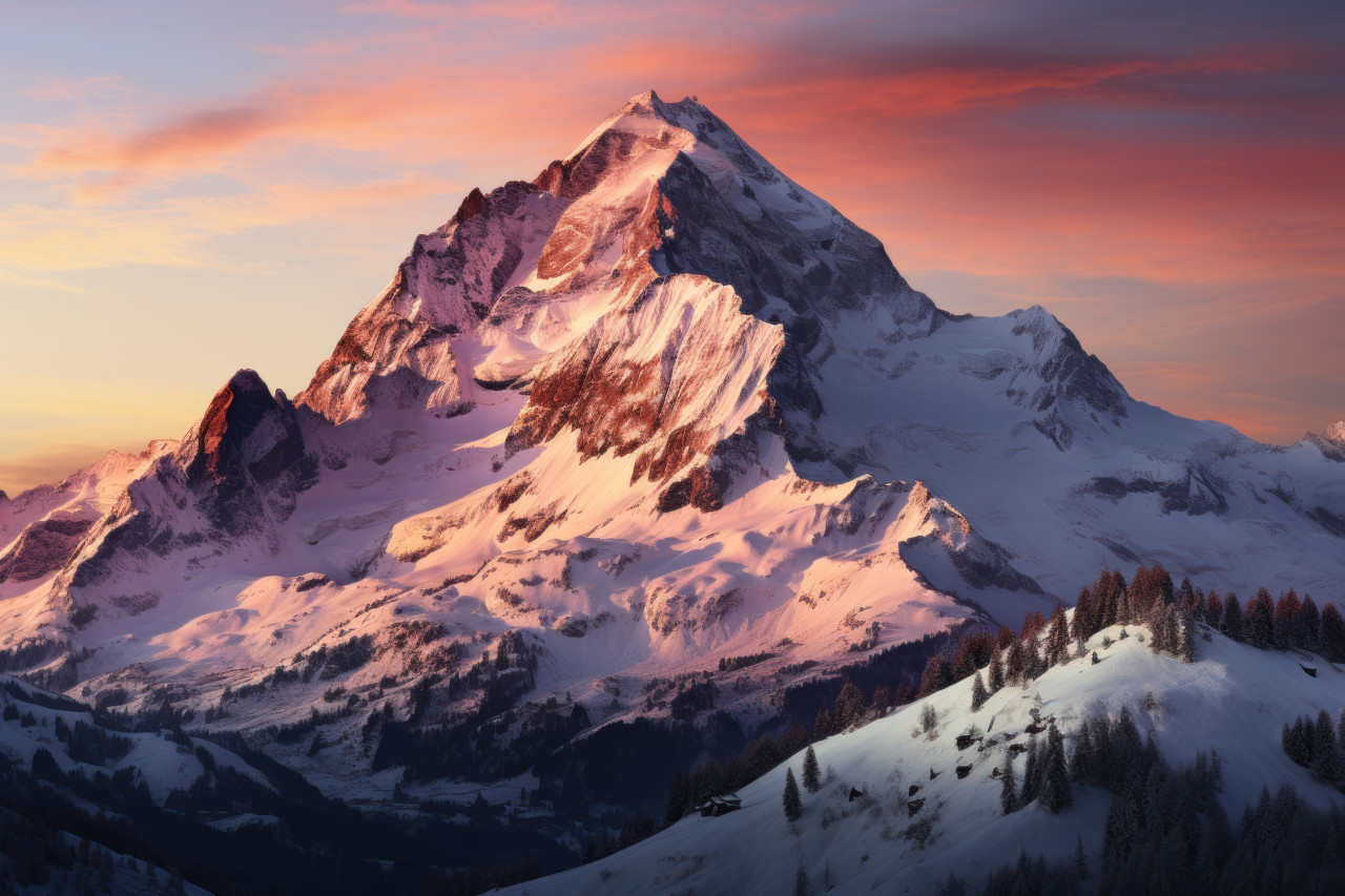 Pink sunrise over snowy mountain summit, beautiful sunrise image