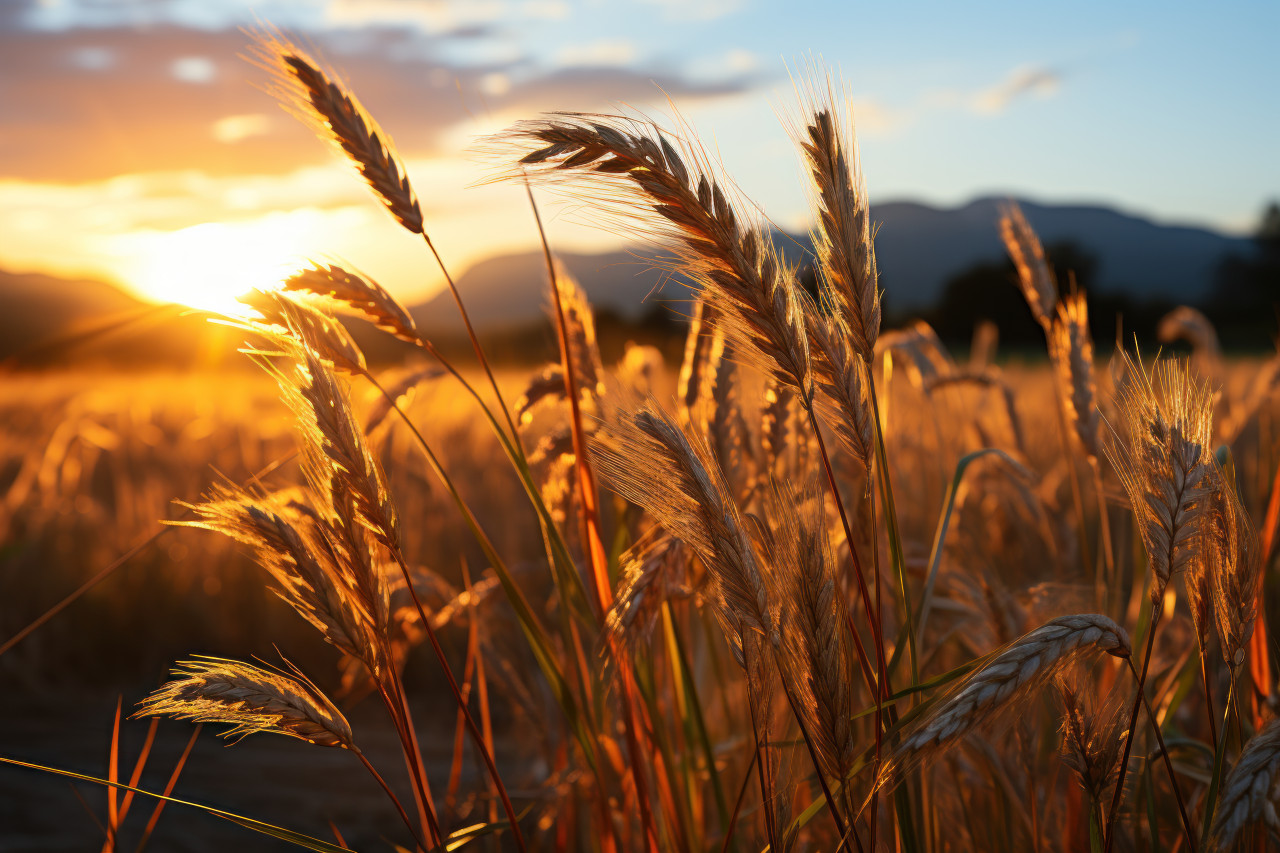 Sunset serenade golden crops in evening breeze, beautiful sunrise image