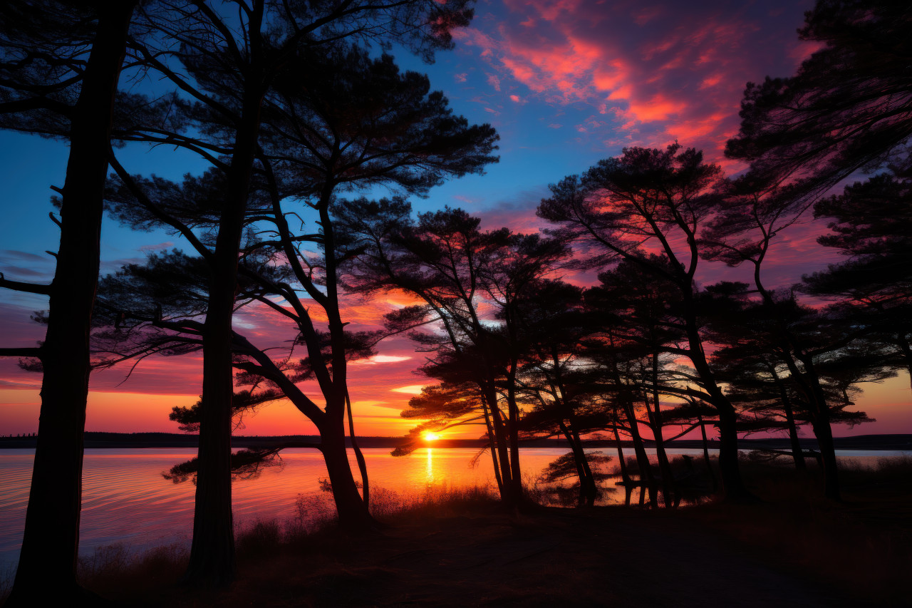 Embrace colorful sky behind tree silhouettes, beautiful sunrise image