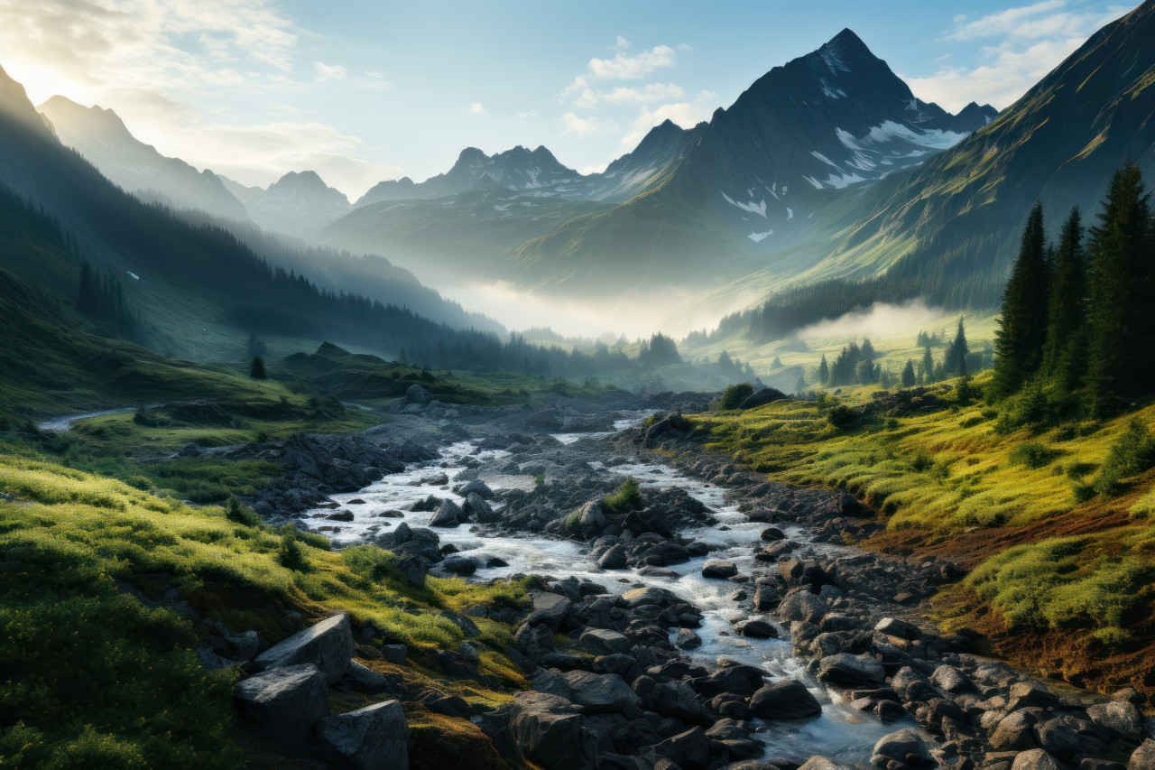 Mountain mornings sunrise emanating tranquil waters, beautiful sunrise image