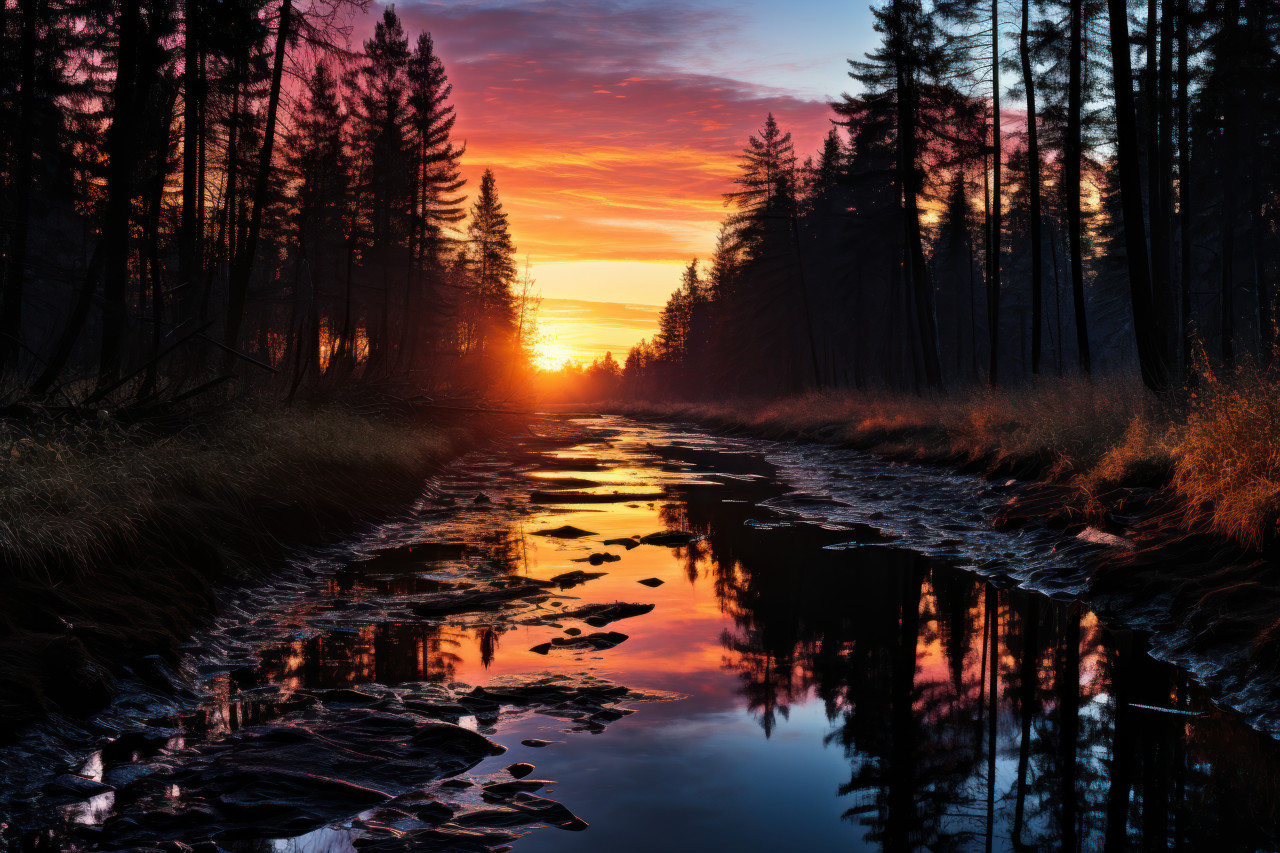River of sunrise peaceful waters amidst morning colors, beautiful sunrise image