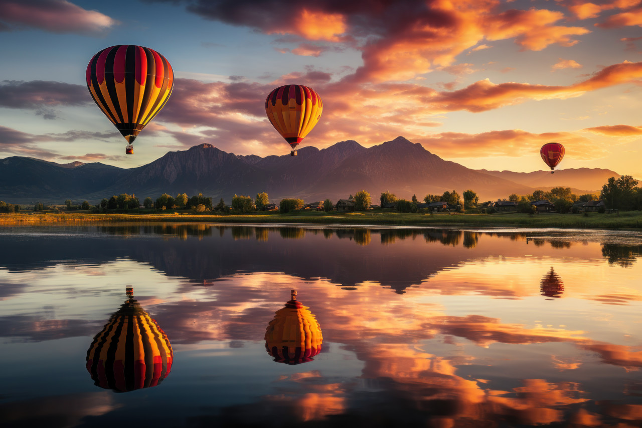 Lakeside sunrise hot air balloons casting reflections, beautiful sunrise image