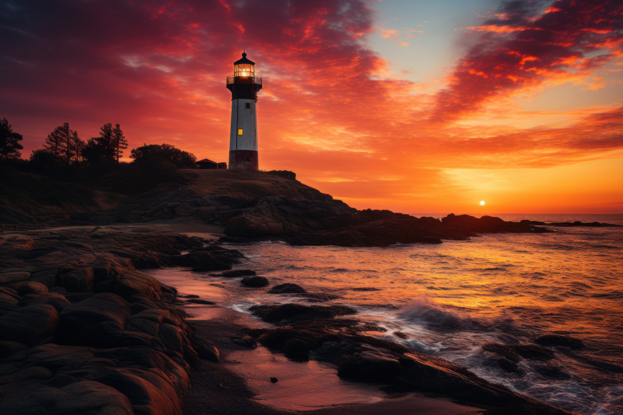 Lighthouse silhouetted in vibrant sunset, beautiful sunrise image