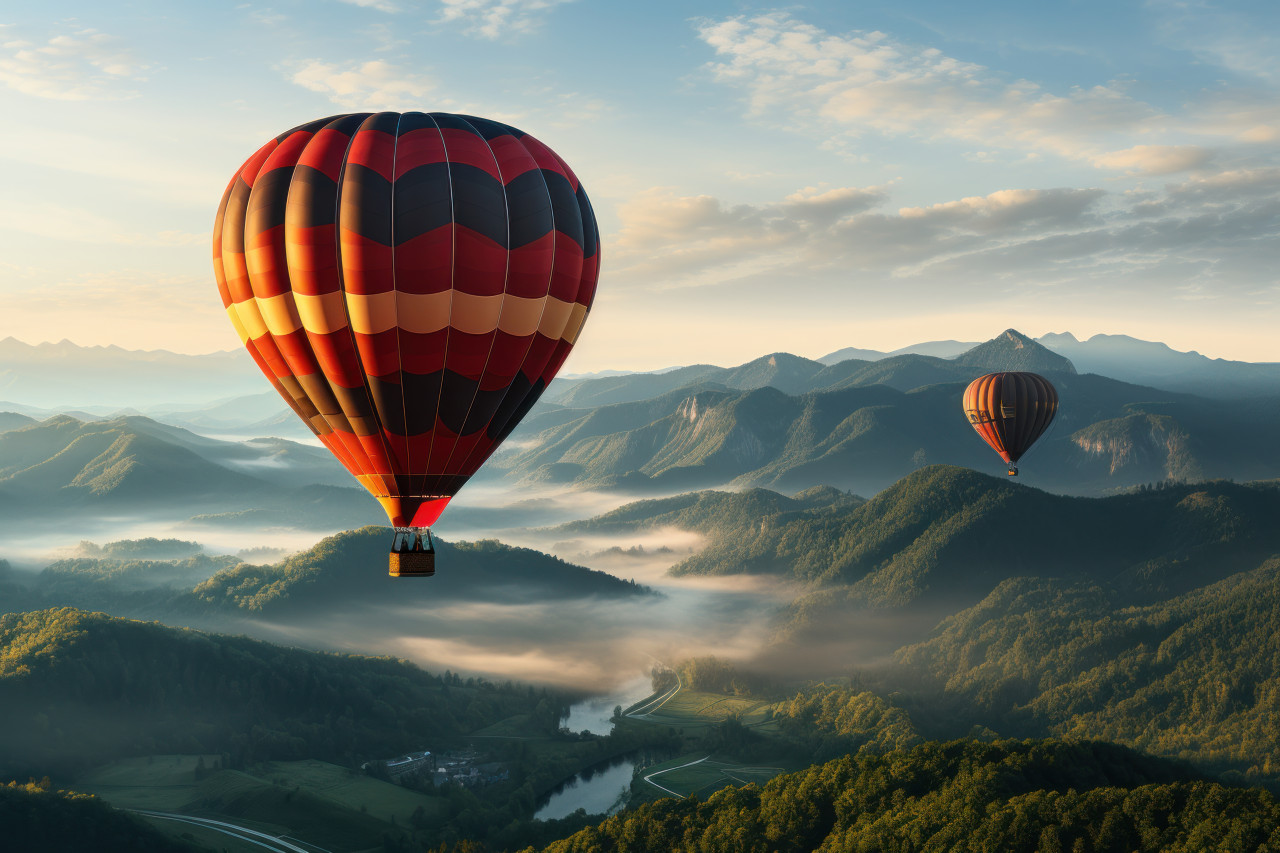 Sunrise soar hot air balloon among dawn peaks, beautiful sunrise image