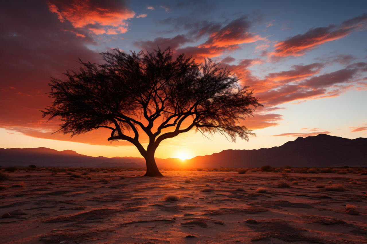 Sunset lone tree against desert evening sky, beautiful sunrise image
