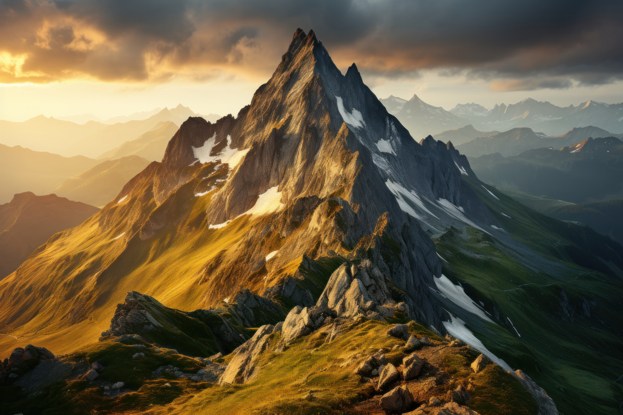 Peak radiance sun embrace on mountain summit, beautiful sunrise image