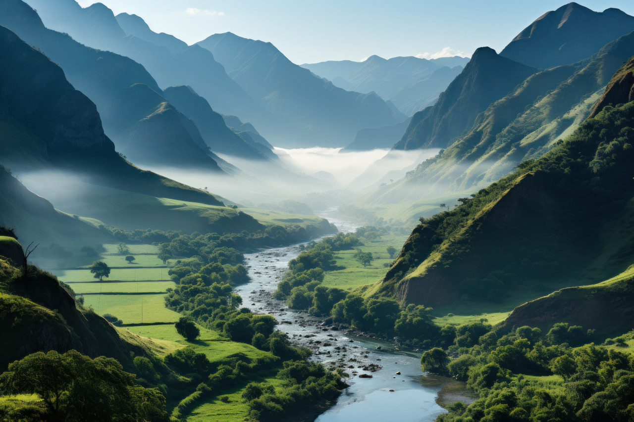 Valley ethereal charm amidst morning mist, beautiful sunrise image