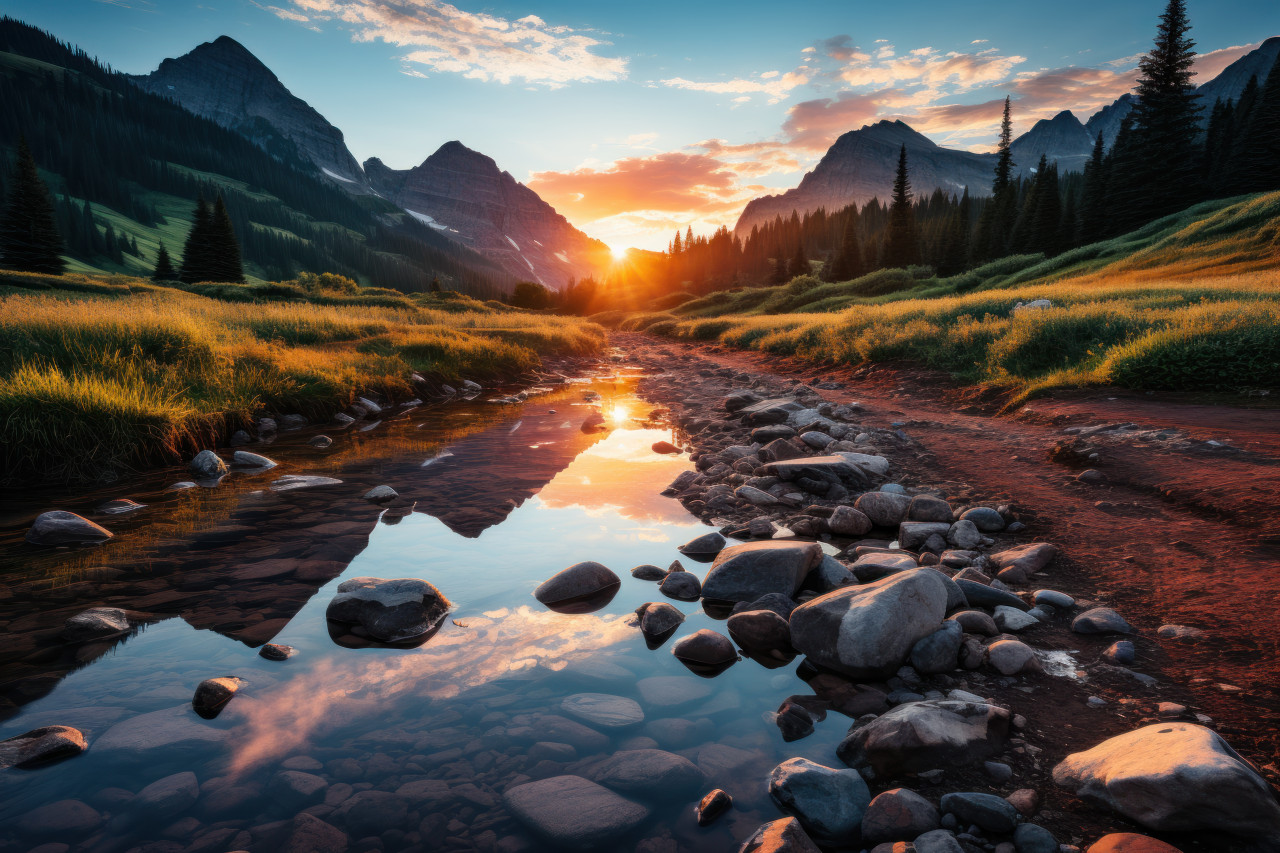 Lake sunrise serenity vibrant colors in tranquil waters, beautiful sunrise image