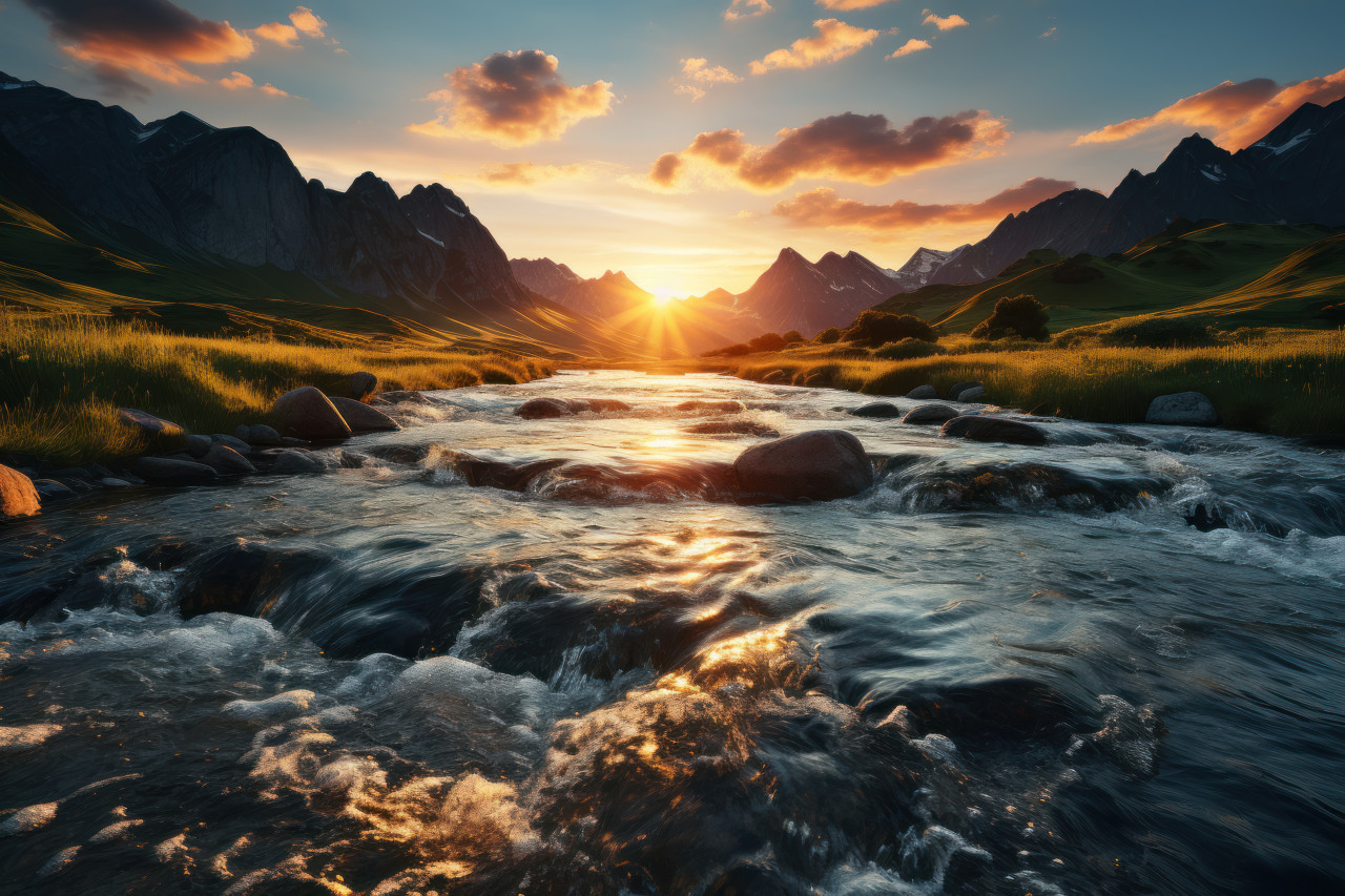 Embrace mountain lake absorbing sunset glow, beautiful sunrise image