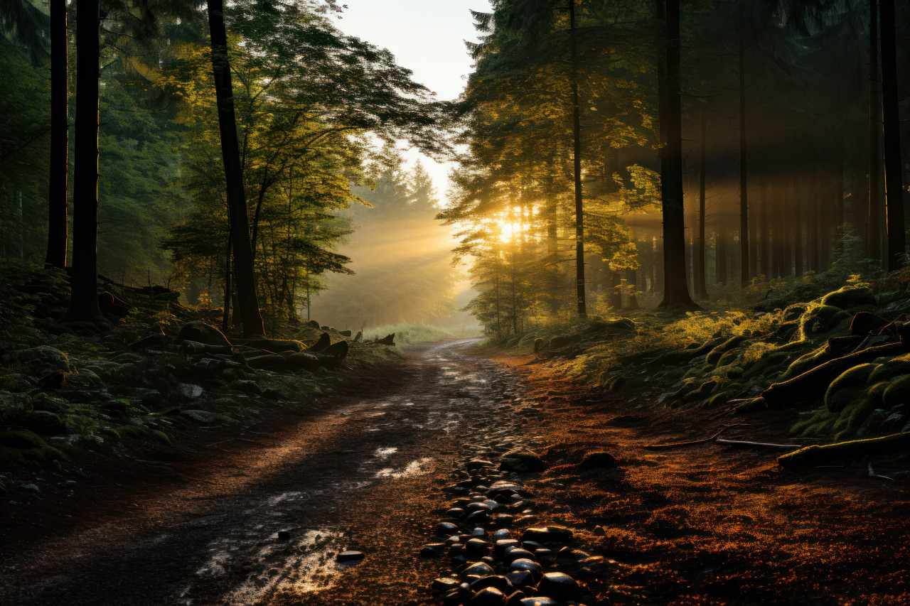 Misty woodland sunrise sunlight amidst forest, beautiful sunrise image