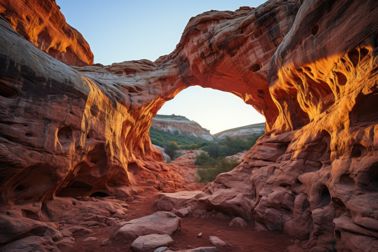 Sunset frame rock arch encasing evening beauty, beautiful sunrise image