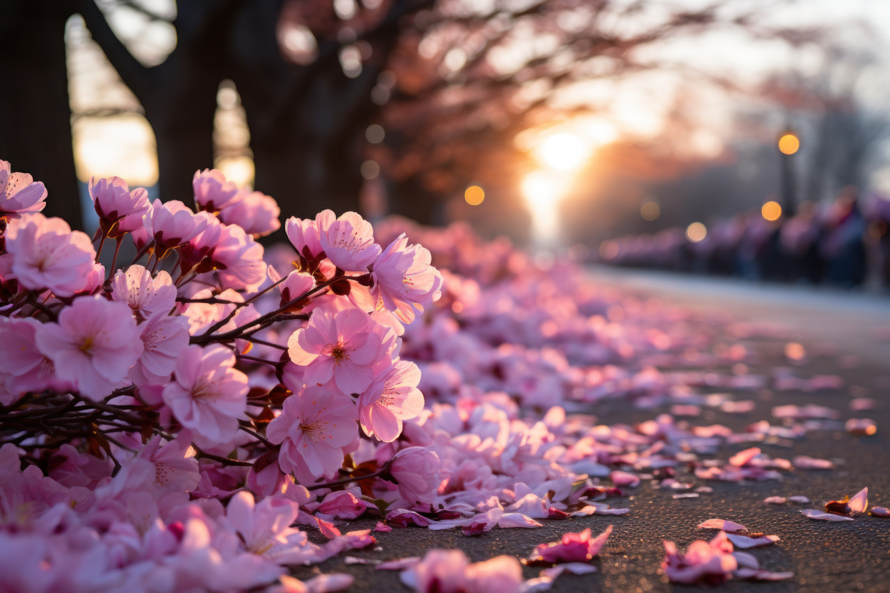 Morning sun illuminating cherry blossoms, beautiful sunrise image